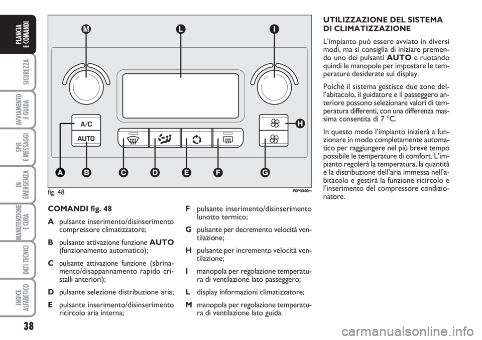 FIAT SCUDO 2011  Libretto Uso Manutenzione (in Italian) 38
SICUREZZA
AVVIAMENTO 
E GUIDA
SPIE
E MESSAGGI
IN
EMERGENZA
MANUTENZIONE
E CURA 
DATI TECNICI
INDICE
ALFABETICO
PLANCIA
E COMANDI
COMANDI fig. 48
Apulsante inserimento/disinserimento
compressore cli