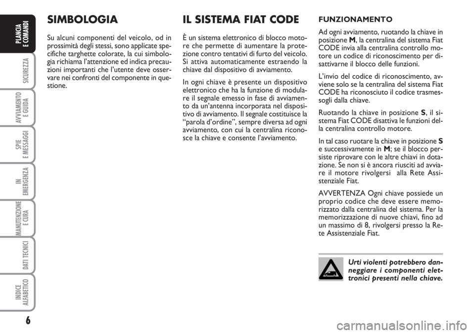 FIAT SCUDO 2011 Libretto Uso Manutenzione (in Italian) 6
SICUREZZA
AVVIAMENTO
E GUIDA
SPIE
E MESSAGGI
IN
EMERGENZA
MANUTENZIONE
E CURA
DATI TECNICI
INDICE
ALFABETICO
PLANCIA
E COMANDI
SIMBOLOGIA
Su alcuni componenti del veicolo, od in
prossimità degli FIAT SCUDO 2011 Libretto Uso Manutenzione (in Italian) 6
SICUREZZA
AVVIAMENTO
E GUIDA
SPIE
E MESSAGGI
IN
EMERGENZA
MANUTENZIONE
E CURA
DATI TECNICI
INDICE
ALFABETICO
PLANCIA
E COMANDI
SIMBOLOGIA
Su alcuni componenti del veicolo, od in
prossimità degli