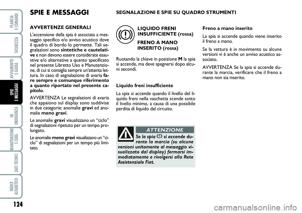 FIAT SCUDO 2012  Libretto Uso Manutenzione (in Italian) 124
IN
EMERGENZA
MANUTENZIONE
E CURA 
DATI TECNICI
INDICE
ALFABETICO
PLANCIA
E COMANDI
SICUREZZA
AVVIAMENTO 
E GUIDA
SPIE
E MESSAGGI
SPIE E MESSAGGI
AVVERTENZE GENERALI
L’accensione della spia è as