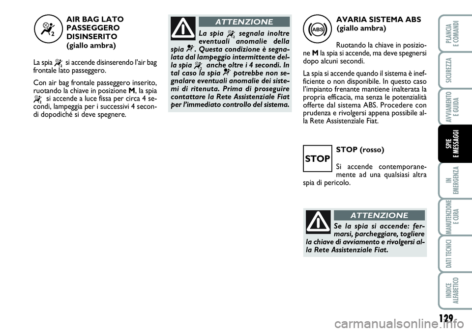 FIAT SCUDO 2012 Libretto Uso Manutenzione (in Italian) STOP (rosso)
Si accende contemporane-
mente ad una qualsiasi altra
spia di pericolo.
129
IN
EMERGENZA
MANUTENZIONE
E CURA
DATI TECNICI
INDICE
ALFABETICO
PLANCIA
E COMANDI
SICUREZZA
AVVIAMENTO
E GUIDA FIAT SCUDO 2012 Libretto Uso Manutenzione (in Italian) STOP (rosso)
Si accende contemporane-
mente ad una qualsiasi altra
spia di pericolo.
129
IN
EMERGENZA
MANUTENZIONE
E CURA
DATI TECNICI
INDICE
ALFABETICO
PLANCIA
E COMANDI
SICUREZZA
AVVIAMENTO
E GUIDA