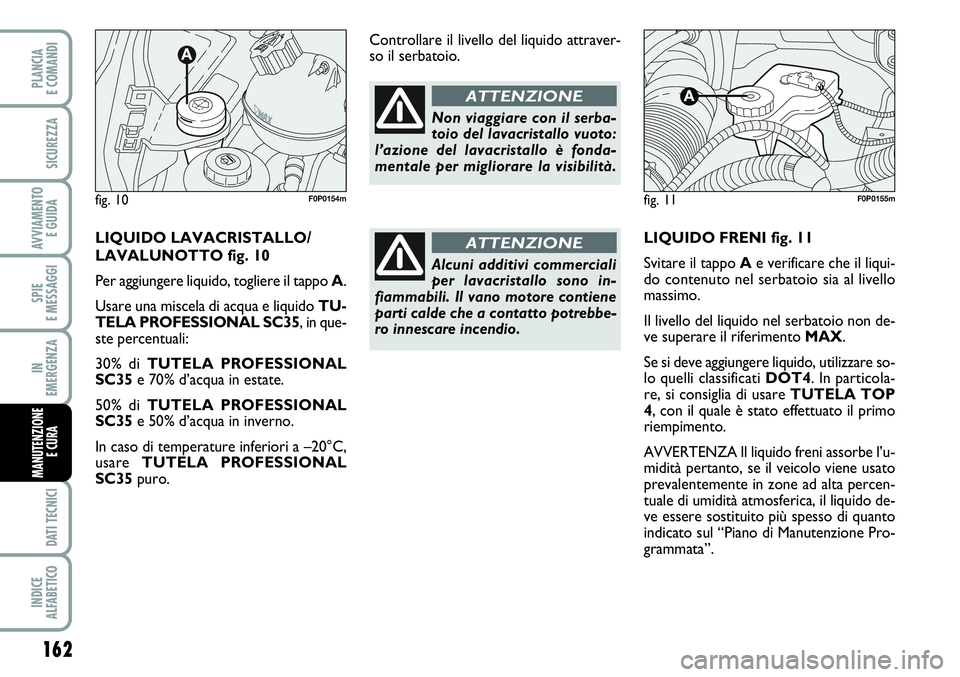 FIAT SCUDO 2012 Libretto Uso Manutenzione (in Italian) 162
SPIE
E MESSAGGI
DATI TECNICI
INDICE
ALFABETICO
PLANCIA
E COMANDI
SICUREZZA
AVVIAMENTO
E GUIDA
IN
EMERGENZA
MANUTENZIONE
E CURA
LIQUIDO FRENI fig. 11
Svitare il tappo Ae verificare che il liqui-
FIAT SCUDO 2012 Libretto Uso Manutenzione (in Italian) 162
SPIE
E MESSAGGI
DATI TECNICI
INDICE
ALFABETICO
PLANCIA
E COMANDI
SICUREZZA
AVVIAMENTO
E GUIDA
IN
EMERGENZA
MANUTENZIONE
E CURA
LIQUIDO FRENI fig. 11
Svitare il tappo Ae verificare che il liqui-