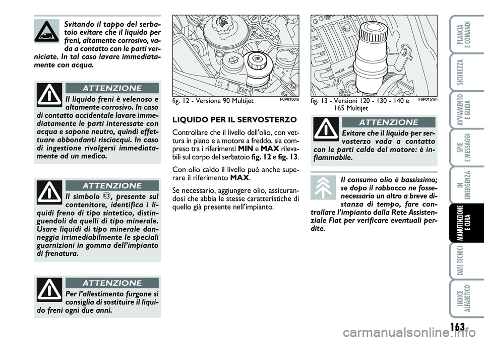 FIAT SCUDO 2012 Libretto Uso Manutenzione (in Italian) 163
SPIE
E MESSAGGI
DATI TECNICI
INDICE
ALFABETICO
PLANCIA
E COMANDI
SICUREZZA
AVVIAMENTO
E GUIDA
IN
EMERGENZA
MANUTENZIONE
E CURA
Svitando il tappo del serba-
toio evitare che il liquido per
freni, FIAT SCUDO 2012 Libretto Uso Manutenzione (in Italian) 163
SPIE
E MESSAGGI
DATI TECNICI
INDICE
ALFABETICO
PLANCIA
E COMANDI
SICUREZZA
AVVIAMENTO
E GUIDA
IN
EMERGENZA
MANUTENZIONE
E CURA
Svitando il tappo del serba-
toio evitare che il liquido per
freni,