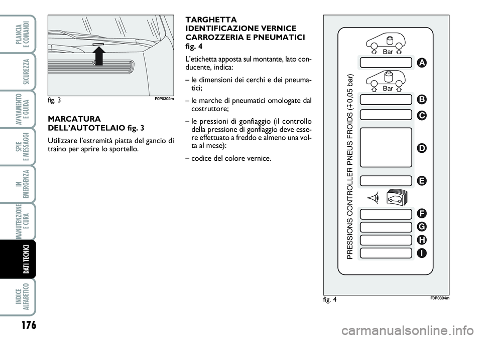 FIAT SCUDO 2012  Libretto Uso Manutenzione (in Italian) TARGHETTA
IDENTIFICAZIONE VERNICE
CARROZZERIA E PNEUMATICI
fig. 4
L’etichetta apposta sul montante, lato con-
ducente, indica:
– le dimensioni dei cerchi e dei pneuma-
tici;
– le marche di pneum