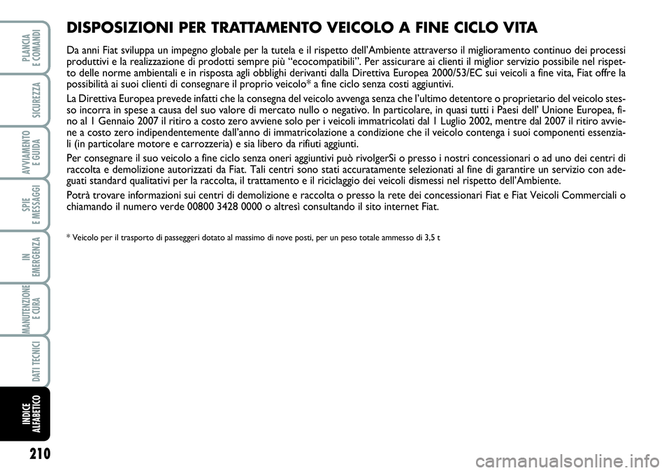 FIAT SCUDO 2012 Libretto Uso Manutenzione (in Italian) 210
SPIE
E MESSAGGI
PLANCIA
E COMANDI
SICUREZZA
AVVIAMENTO
E GUIDA
IN
EMERGENZA
MANUTENZIONE
E CURA
DATI TECNICI
INDICE
ALFABETICO
DISPOSIZIONI PER TRATTAMENTO VEICOLO A FINE CICLO VITA
Da anni Fiat FIAT SCUDO 2012 Libretto Uso Manutenzione (in Italian) 210
SPIE
E MESSAGGI
PLANCIA
E COMANDI
SICUREZZA
AVVIAMENTO
E GUIDA
IN
EMERGENZA
MANUTENZIONE
E CURA
DATI TECNICI
INDICE
ALFABETICO
DISPOSIZIONI PER TRATTAMENTO VEICOLO A FINE CICLO VITA
Da anni Fiat