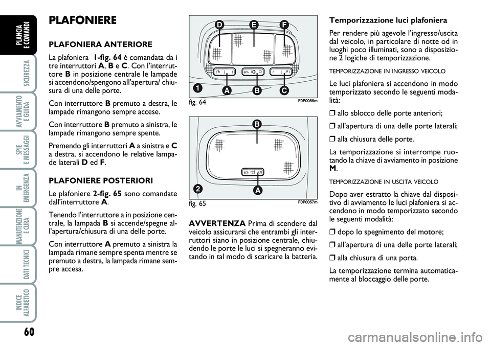 FIAT SCUDO 2012 Libretto Uso Manutenzione (in Italian) 60
SICUREZZA
AVVIAMENTO
E GUIDA
SPIE
E MESSAGGI
IN
EMERGENZA
MANUTENZIONE
E CURA
DATI TECNICI
INDICE
ALFABETICO
PLANCIA
E COMANDI
PLAFONIERE
PLAFONIERA ANTERIORE
La plafoniera 1-fig. 64è comandata FIAT SCUDO 2012 Libretto Uso Manutenzione (in Italian) 60
SICUREZZA
AVVIAMENTO
E GUIDA
SPIE
E MESSAGGI
IN
EMERGENZA
MANUTENZIONE
E CURA
DATI TECNICI
INDICE
ALFABETICO
PLANCIA
E COMANDI
PLAFONIERE
PLAFONIERA ANTERIORE
La plafoniera 1-fig. 64è comandata