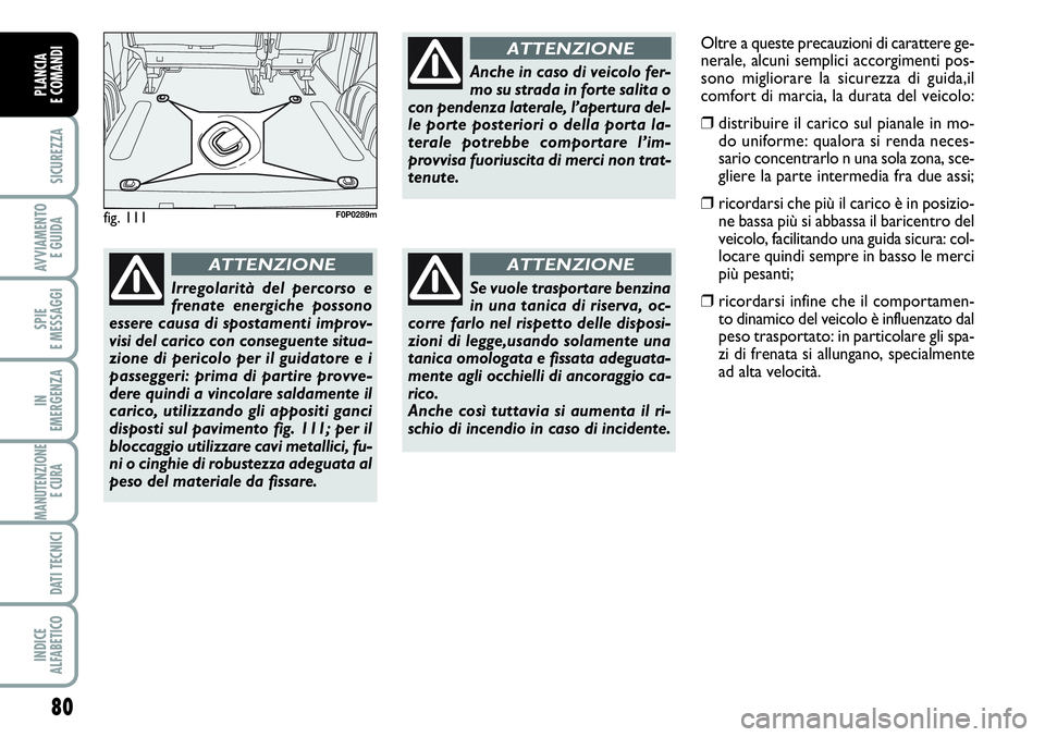 FIAT SCUDO 2012 Libretto Uso Manutenzione (in Italian) 80
SICUREZZA
AVVIAMENTO
E GUIDA
SPIE
E MESSAGGI
IN
EMERGENZA
MANUTENZIONE
E CURA
DATI TECNICI
INDICE
ALFABETICO
PLANCIA
E COMANDI
fig. 111F0P0289m
Irregolarità del percorso e
frenate energiche poss FIAT SCUDO 2012 Libretto Uso Manutenzione (in Italian) 80
SICUREZZA
AVVIAMENTO
E GUIDA
SPIE
E MESSAGGI
IN
EMERGENZA
MANUTENZIONE
E CURA
DATI TECNICI
INDICE
ALFABETICO
PLANCIA
E COMANDI
fig. 111F0P0289m
Irregolarità del percorso e
frenate energiche poss