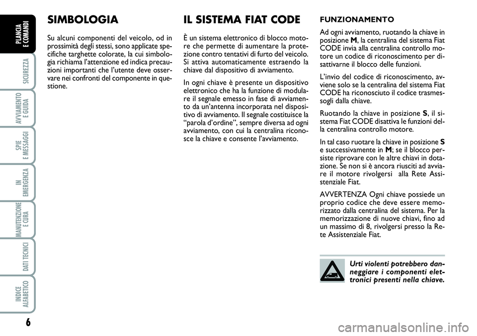 FIAT SCUDO 2012  Libretto Uso Manutenzione (in Italian) 6
SICUREZZA
AVVIAMENTO 
E GUIDA
SPIE
E MESSAGGI
IN
EMERGENZA
MANUTENZIONE
E CURA 
DATI TECNICI
INDICE
ALFABETICO
PLANCIA
E COMANDI
SIMBOLOGIA
Su alcuni componenti del veicolo, od in
prossimità degli 