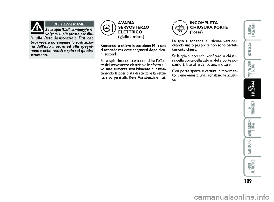 FIAT SCUDO 2013  Libretto Uso Manutenzione (in Italian) 129
IN 
EMERGENZA
MANUTENZIONE
E CURA
DATI TECNICI
INDICE 
ALFABETICO
PLANCIA 
E COMANDI
SICUREZZA
AVVIAMENTO 
E GUIDA
SPIE 
E MESSAGGI
AVARIA
SERVOSTERZO
ELETTRICO 
(giallo ambra)
Ruotando la chiave 