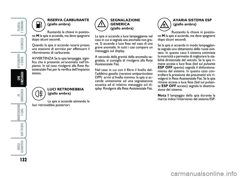 FIAT SCUDO 2013  Libretto Uso Manutenzione (in Italian) K
RISERVA CARBURANTE
(giallo ambra)
Ruotando la chiave in posizio-
ne Mla spia si accende, ma deve spegnersi
dopo alcuni secondi. 
Quando la spia si accende recarsi presso
una stazione di servizio per