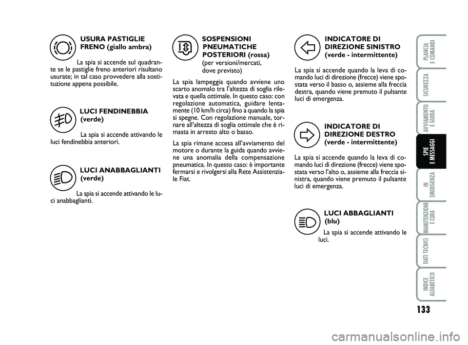 FIAT SCUDO 2013  Libretto Uso Manutenzione (in Italian) 133
IN 
EMERGENZA
MANUTENZIONE
E CURA
DATI TECNICI
INDICE 
ALFABETICO
PLANCIA 
E COMANDI
SICUREZZA
AVVIAMENTO 
E GUIDA
SPIE 
E MESSAGGI
USURA PASTIGLIE
FRENO (giallo ambra)
La spia si accende sul quad