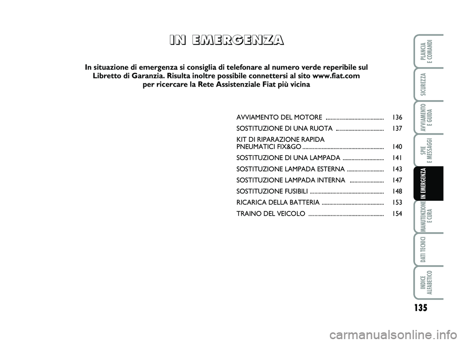 FIAT SCUDO 2013  Libretto Uso Manutenzione (in Italian) 135
SPIE  
E MESSAGGI
MANUTENZIONE 
E CURA
DATI TECNICI
INDICE  ALFABETICO
PLANCIA  E COMANDI
SICUREZZA
AVVIAMENTO  E GUIDA
IN EMERGENZA
AVVIAMENTO DEL  MOTORE  .......................................