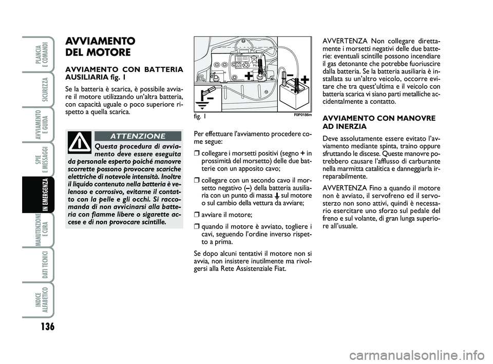 FIAT SCUDO 2013  Libretto Uso Manutenzione (in Italian) AVVIAMENTO 
DEL MOTORE
AVVIAMENTO CON BATTERIA
AUSILIARIA fig. 1
Se la batteria è scarica, è possibile avvia-
re il motore utilizzando un’altra batteria,
con capacità uguale o poco superiore ri-
