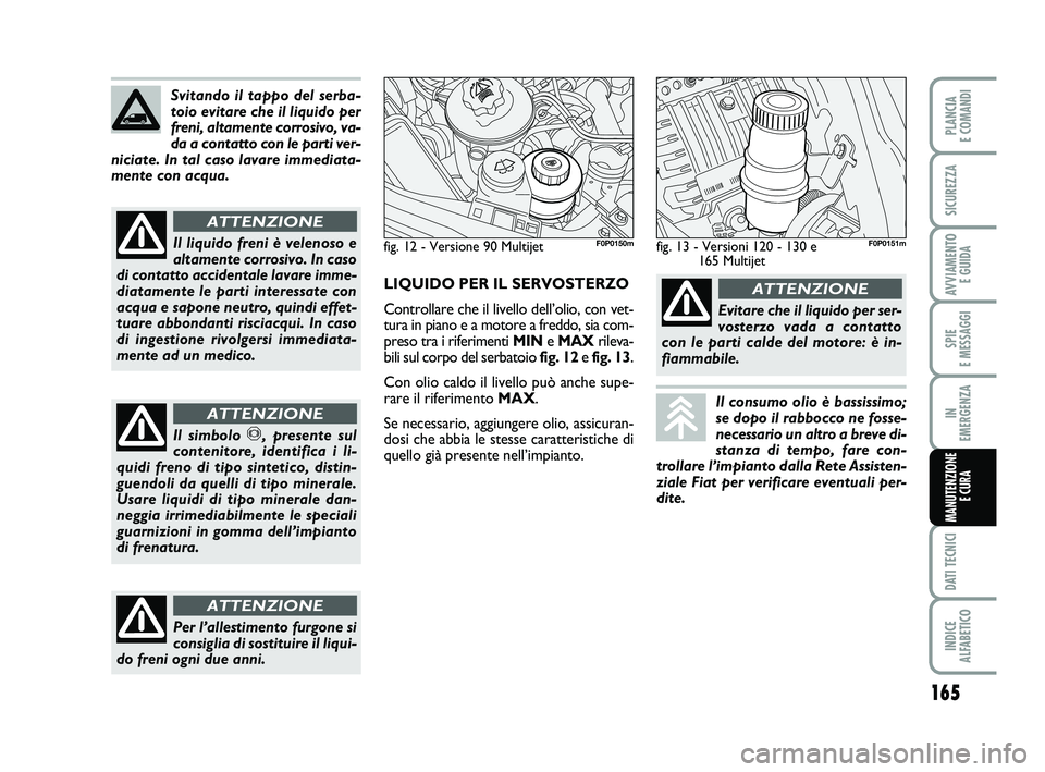 FIAT SCUDO 2013  Libretto Uso Manutenzione (in Italian) 165
SPIE 
E MESSAGGI
DATI TECNICI
INDICE 
ALFABETICO
PLANCIA 
E COMANDI
SICUREZZA
AVVIAMENTO 
E GUIDA
IN 
EMERGENZA
MANUTENZIONE
E CURA
Svitando il tappo del serba-
toio evitare che il liquido per
fre