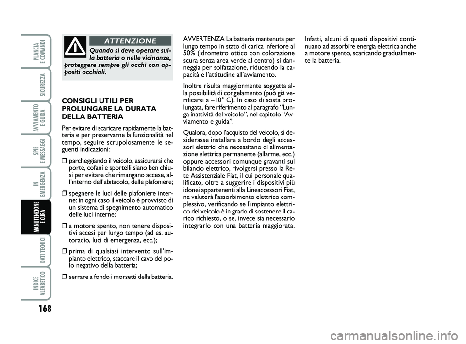 FIAT SCUDO 2013  Libretto Uso Manutenzione (in Italian) 168
SPIE 
E MESSAGGI
DATI TECNICI
INDICE 
ALFABETICO
PLANCIA 
E COMANDI
SICUREZZA
AVVIAMENTO 
E GUIDA
IN 
EMERGENZA
MANUTENZIONE
E CURA 
AVVERTENZA La batteria mantenuta per
lungo tempo in stato di ca