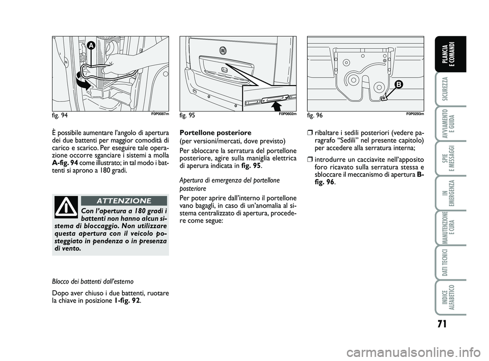FIAT SCUDO 2013 Libretto Uso Manutenzione (in Italian) 71
SICUREZZA
AVVIAMENTO
E GUIDA
SPIE
E MESSAGGI
IN
EMERGENZA
MANUTENZIONE
E CURA
DATI TECNICI
INDICE
ALFABETICO
PLANCIA
E COMANDI
fig. 94F0P0087m
È possibile aumentare l’angolo di apertura
dei FIAT SCUDO 2013 Libretto Uso Manutenzione (in Italian) 71
SICUREZZA
AVVIAMENTO
E GUIDA
SPIE
E MESSAGGI
IN
EMERGENZA
MANUTENZIONE
E CURA
DATI TECNICI
INDICE
ALFABETICO
PLANCIA
E COMANDI
fig. 94F0P0087m
È possibile aumentare l’angolo di apertura
dei