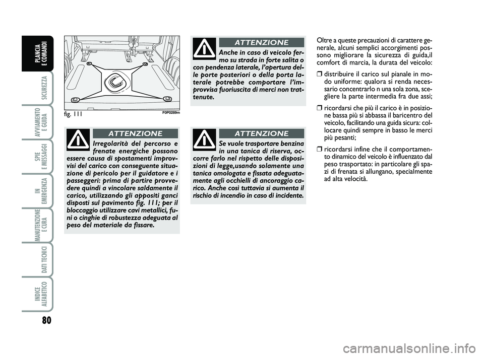 FIAT SCUDO 2013 Libretto Uso Manutenzione (in Italian) 80
SICUREZZA
AVVIAMENTO
E GUIDA
SPIE
E MESSAGGI
IN
EMERGENZA
MANUTENZIONE
E CURA
DATI TECNICI
INDICE
ALFABETICO
PLANCIA
E COMANDI
fig. 111F0P0289m
Irregolarità del percorso e
frenate energiche FIAT SCUDO 2013 Libretto Uso Manutenzione (in Italian) 80
SICUREZZA
AVVIAMENTO
E GUIDA
SPIE
E MESSAGGI
IN
EMERGENZA
MANUTENZIONE
E CURA
DATI TECNICI
INDICE
ALFABETICO
PLANCIA
E COMANDI
fig. 111F0P0289m
Irregolarità del percorso e
frenate energiche