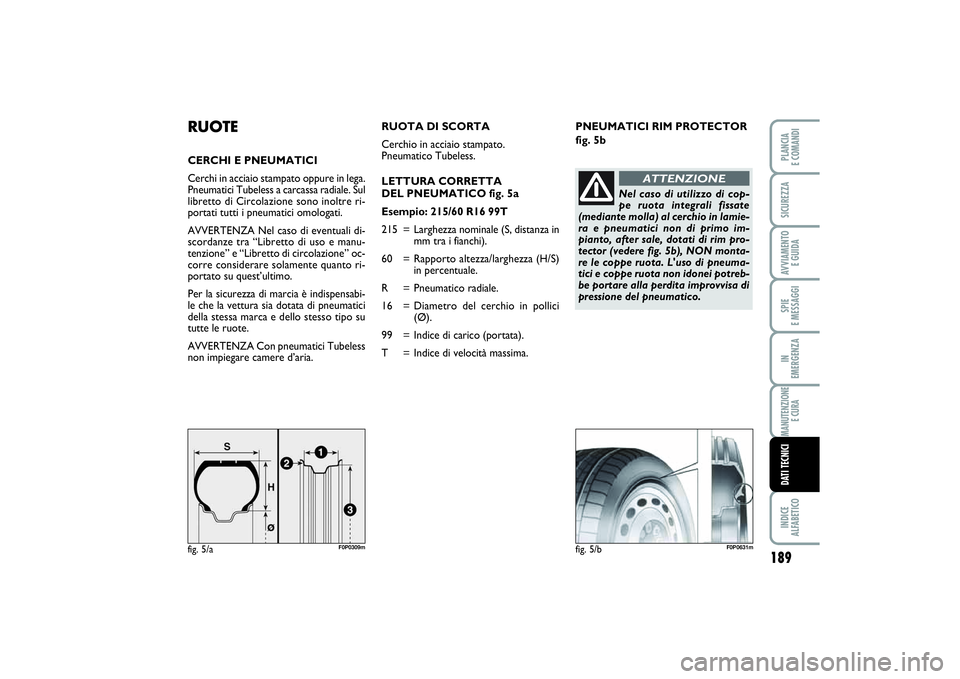 FIAT SCUDO 2014 Libretto Uso Manutenzione (in Italian) 189
SPIE
E MESSAGGIINDICE
ALFABETICOPLANCIA
E COMANDISICUREZZAAVVIAMENTO
E GUIDAIN
EMERGENZAMANUTENZIONE
E CURADATI TECNICI
PNEUMATICI RIM PROTECTOR
fig. 5b
RUOTECERCHI E PNEUMATICI
Cerchi in acc FIAT SCUDO 2014 Libretto Uso Manutenzione (in Italian) 189
SPIE
E MESSAGGIINDICE
ALFABETICOPLANCIA
E COMANDISICUREZZAAVVIAMENTO
E GUIDAIN
EMERGENZAMANUTENZIONE
E CURADATI TECNICI
PNEUMATICI RIM PROTECTOR
fig. 5b
RUOTECERCHI E PNEUMATICI
Cerchi in acc