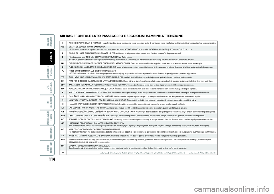 FIAT SCUDO 2016 Libretto Uso Manutenzione (in Italian) 114AVVIAMENTO
E GUIDASPIE
E MESSAGGIIN
EMERGENZAMANUTENZIONE
E CURA DATI TECNICIINDICE
ALFABETICOPLANCIA
E COMANDISICUREZZA
AIR BAG FRONTALE LATO PASSEGGERO E SEGGIOLINI BAMBINI: ATTENZIONEIRISCH FIAT SCUDO 2016 Libretto Uso Manutenzione (in Italian) 114AVVIAMENTO
E GUIDASPIE
E MESSAGGIIN
EMERGENZAMANUTENZIONE
E CURA DATI TECNICIINDICE
ALFABETICOPLANCIA
E COMANDISICUREZZA
AIR BAG FRONTALE LATO PASSEGGERO E SEGGIOLINI BAMBINI: ATTENZIONEIRISCH