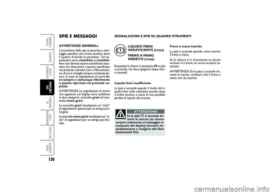 FIAT SCUDO 2016 Libretto Uso Manutenzione (in Italian) 130IN
EMERGENZAMANUTENZIONE
E CURA DATI TECNICIINDICE
ALFABETICOPLANCIA
E COMANDISICUREZZAAVVIAMENTO
E GUIDASPIE
E MESSAGGI
SPIE E MESSAGGIAVVERTENZE GENERALI
L’accensione della spia è associa FIAT SCUDO 2016 Libretto Uso Manutenzione (in Italian) 130IN
EMERGENZAMANUTENZIONE
E CURA DATI TECNICIINDICE
ALFABETICOPLANCIA
E COMANDISICUREZZAAVVIAMENTO
E GUIDASPIE
E MESSAGGI
SPIE E MESSAGGIAVVERTENZE GENERALI
L’accensione della spia è associa