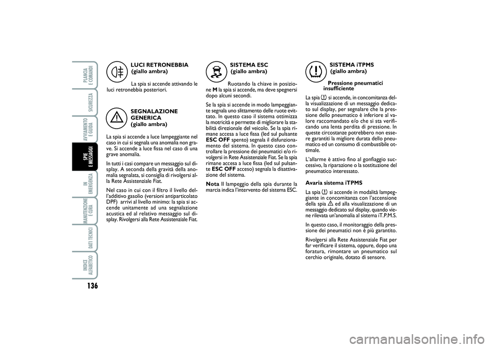 FIAT SCUDO 2016 Libretto Uso Manutenzione (in Italian) 136IN
EMERGENZAMANUTENZIONE
E CURA DATI TECNICIINDICE
ALFABETICOPLANCIA
E COMANDISICUREZZAAVVIAMENTO
E GUIDASPIE
E MESSAGGI
LUCI RETRONEBBIA
(giallo ambra)
La spia si accende attivando le
luci re FIAT SCUDO 2016 Libretto Uso Manutenzione (in Italian) 136IN
EMERGENZAMANUTENZIONE
E CURA DATI TECNICIINDICE
ALFABETICOPLANCIA
E COMANDISICUREZZAAVVIAMENTO
E GUIDASPIE
E MESSAGGI
LUCI RETRONEBBIA
(giallo ambra)
La spia si accende attivando le
luci re