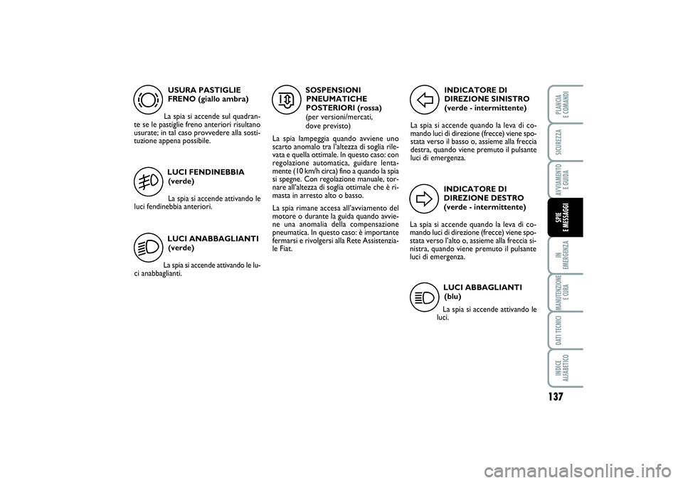 FIAT SCUDO 2016 Libretto Uso Manutenzione (in Italian) 137
IN
EMERGENZAMANUTENZIONE
E CURADATI TECNICIINDICE
ALFABETICOPLANCIA
E COMANDISICUREZZAAVVIAMENTO
E GUIDASPIE
E MESSAGGI
USURA PASTIGLIE
FRENO (giallo ambra)
La spia si accende sul quadran-
te FIAT SCUDO 2016 Libretto Uso Manutenzione (in Italian) 137
IN
EMERGENZAMANUTENZIONE
E CURADATI TECNICIINDICE
ALFABETICOPLANCIA
E COMANDISICUREZZAAVVIAMENTO
E GUIDASPIE
E MESSAGGI
USURA PASTIGLIE
FRENO (giallo ambra)
La spia si accende sul quadran-
te