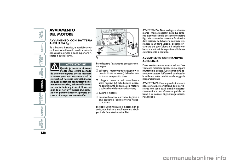FIAT SCUDO 2016 Libretto Uso Manutenzione (in Italian) AVVIAMENTO
DEL MOTOREAVVIAMENTO CON BATTERIA
AUSILIARIA fig. 1
Se la batteria è scarica, è possibile avvia-
re il motore utilizzando un’altra batteria,
con capacità uguale o poco superiore ri-
s FIAT SCUDO 2016 Libretto Uso Manutenzione (in Italian) AVVIAMENTO
DEL MOTOREAVVIAMENTO CON BATTERIA
AUSILIARIA fig. 1
Se la batteria è scarica, è possibile avvia-
re il motore utilizzando un’altra batteria,
con capacità uguale o poco superiore ri-
s