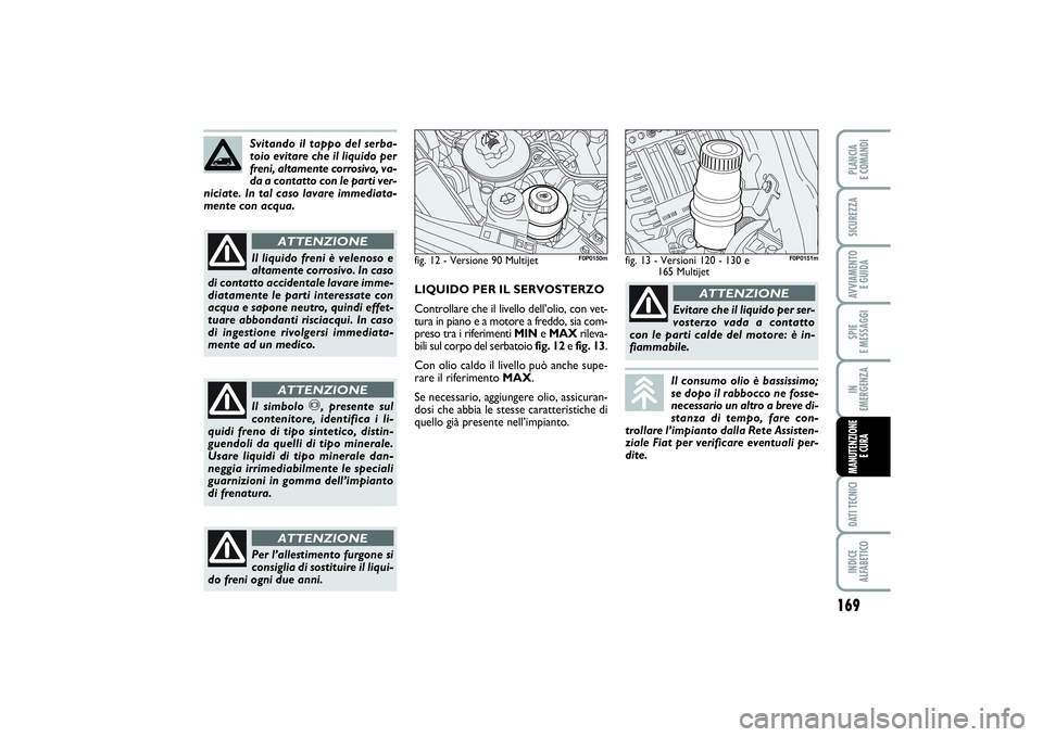 FIAT SCUDO 2016 Libretto Uso Manutenzione (in Italian) 169
SPIE
E MESSAGGIDATI TECNICIINDICE
ALFABETICOPLANCIA
E COMANDISICUREZZAAVVIAMENTO
E GUIDAIN
EMERGENZAMANUTENZIONE
E CURA
Svitando il tappo del serba-
toio evitare che il liquido per
freni, alt FIAT SCUDO 2016 Libretto Uso Manutenzione (in Italian) 169
SPIE
E MESSAGGIDATI TECNICIINDICE
ALFABETICOPLANCIA
E COMANDISICUREZZAAVVIAMENTO
E GUIDAIN
EMERGENZAMANUTENZIONE
E CURA
Svitando il tappo del serba-
toio evitare che il liquido per
freni, alt