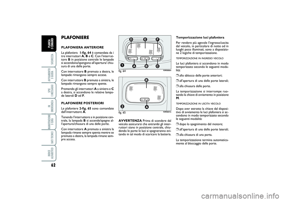 FIAT SCUDO 2016 Libretto Uso Manutenzione (in Italian) 62SICUREZZAAVVIAMENTO
E GUIDASPIE
E MESSAGGIIN
EMERGENZAMANUTENZIONE
E CURA DATI TECNICIINDICE
ALFABETICOPLANCIA
E COMANDI
PLAFONIEREPLAFONIERA ANTERIORE
La plafoniera 1-fig. 64è comandata da i FIAT SCUDO 2016 Libretto Uso Manutenzione (in Italian) 62SICUREZZAAVVIAMENTO
E GUIDASPIE
E MESSAGGIIN
EMERGENZAMANUTENZIONE
E CURA DATI TECNICIINDICE
ALFABETICOPLANCIA
E COMANDI
PLAFONIEREPLAFONIERA ANTERIORE
La plafoniera 1-fig. 64è comandata da i