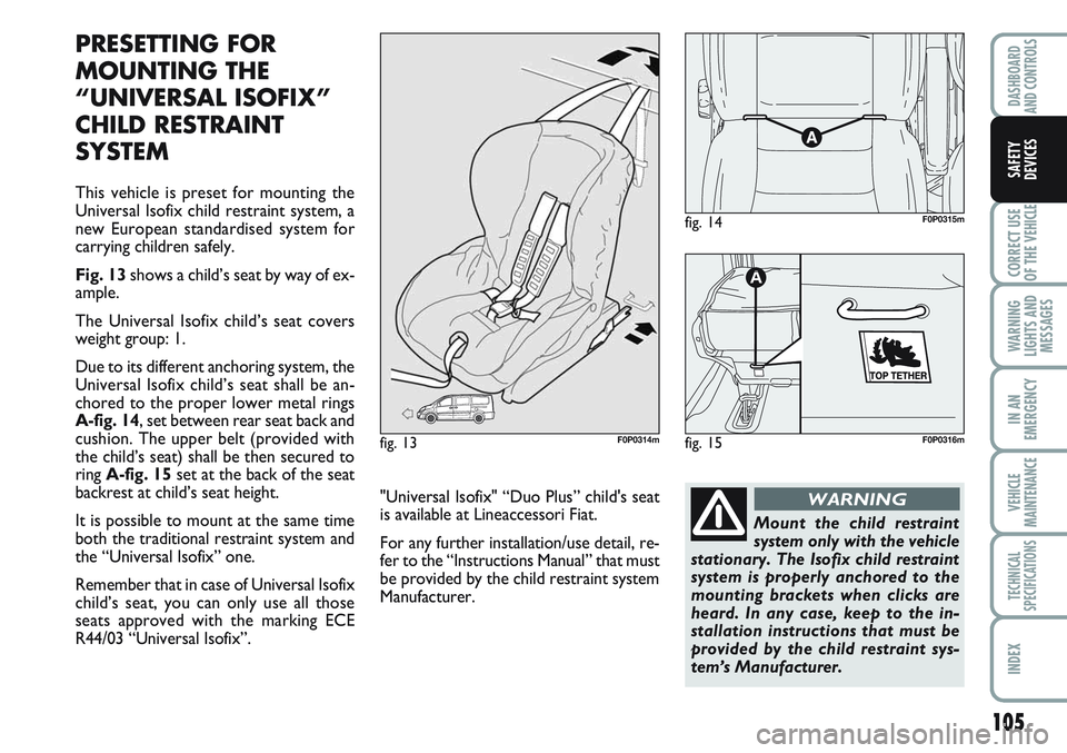 FIAT SCUDO 2012  Owner handbook (in English) 105
CORRECT USE
OF THE 
VEHICLE
WARNING
LIGHTS AND
MESSAGES
IN AN
EMERGENCY
VEHICLE
MAINTENANCE
TECHNICAL
SPECIFICATIONS
INDEX
DASHBOARD
AND CONTROLS
SAFETY
DEVICES
PRESETTING FOR 
MOUNTING THE
“UNI