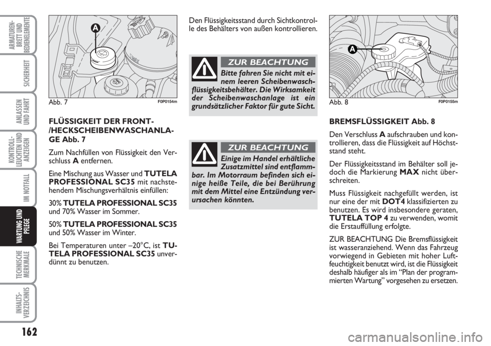 FIAT SCUDO 2011 Betriebsanleitung (in German) 162
KONTROLL-
LEUCHTEN UND
ANZEIGEN
TECHNISCHE
MERKMALE
INHALTS-
VERZEICHNIS
ARMATUREN-
BRETT UND
BEDIENELEMENTE
SICHERHEIT
ANLASSEN
UND FAHRT
IM NOTFALL
WARTUNG UND
PFLEGE
BREMSFLÜSSIGKEIT Abb. 8
De FIAT SCUDO 2011 Betriebsanleitung (in German) 162
KONTROLL-
LEUCHTEN UND
ANZEIGEN
TECHNISCHE
MERKMALE
INHALTS-
VERZEICHNIS
ARMATUREN-
BRETT UND
BEDIENELEMENTE
SICHERHEIT
ANLASSEN
UND FAHRT
IM NOTFALL
WARTUNG UND
PFLEGE
BREMSFLÜSSIGKEIT Abb. 8
De