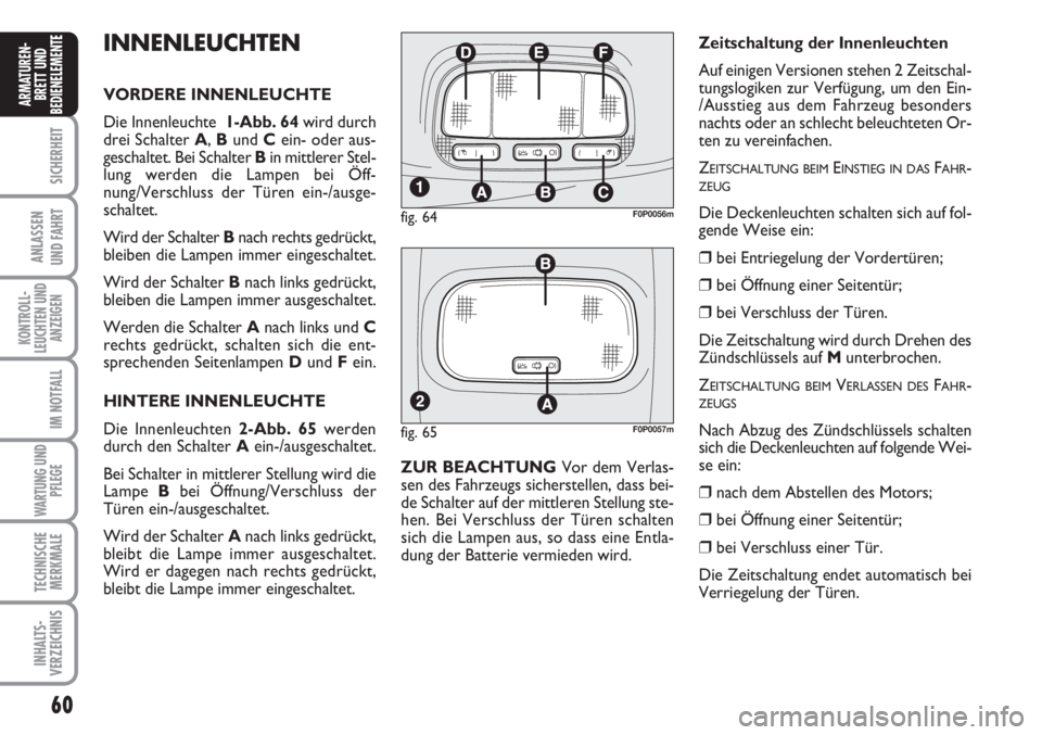 FIAT SCUDO 2011 Betriebsanleitung (in German) 60
SICHERHEIT
ANLASSEN
UND FAHRT
KONTROLL-
LEUCHTEN UND
ANZEIGEN
IM NOTFALL
WARTUNG UND
PFLEGE
TECHNISCHE
MERKMALE
INHALTS-
VERZEICHNIS
ARMATUREN-
BRETT UND
BEDIENELEMENT
EINNENLEUCHTEN
VORDERE INNENL FIAT SCUDO 2011 Betriebsanleitung (in German) 60
SICHERHEIT
ANLASSEN
UND FAHRT
KONTROLL-
LEUCHTEN UND
ANZEIGEN
IM NOTFALL
WARTUNG UND
PFLEGE
TECHNISCHE
MERKMALE
INHALTS-
VERZEICHNIS
ARMATUREN-
BRETT UND
BEDIENELEMENT
EINNENLEUCHTEN
VORDERE INNENL