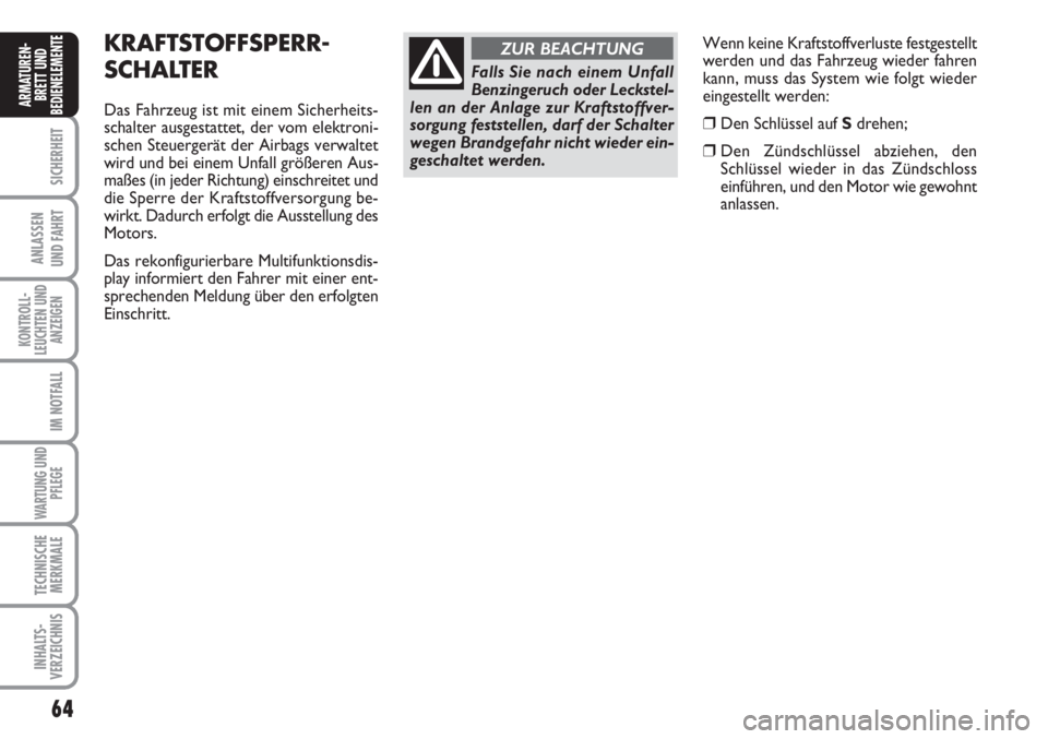 FIAT SCUDO 2011 Betriebsanleitung (in German) 64
SICHERHEIT
ANLASSEN
UND FAHRT
KONTROLL-
LEUCHTEN UND
ANZEIGEN
IM NOTFALL
WARTUNG UND
PFLEGE
TECHNISCHE
MERKMALE
INHALTS-
VERZEICHNIS
ARMATUREN-
BRETT UND
BEDIENELEMENT
EKRAFTSTOFFSPERR-
SCHALTER
Da FIAT SCUDO 2011 Betriebsanleitung (in German) 64
SICHERHEIT
ANLASSEN
UND FAHRT
KONTROLL-
LEUCHTEN UND
ANZEIGEN
IM NOTFALL
WARTUNG UND
PFLEGE
TECHNISCHE
MERKMALE
INHALTS-
VERZEICHNIS
ARMATUREN-
BRETT UND
BEDIENELEMENT
EKRAFTSTOFFSPERR-
SCHALTER
Da