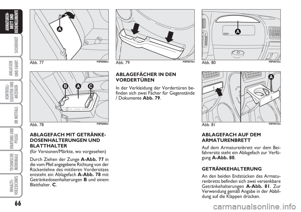 FIAT SCUDO 2011 Betriebsanleitung (in German) 66
SICHERHEIT
ANLASSEN
UND FAHRT
KONTROLL-
LEUCHTEN UND
ANZEIGEN
IM NOTFALL
WARTUNG UND
PFLEGE
TECHNISCHE
MERKMALE
INHALTS-
VERZEICHNIS
ARMATUREN-
BRETT UND
BEDIENELEMENT
E
Abb. 77F0P0068m
Abb. 78F0P0 FIAT SCUDO 2011 Betriebsanleitung (in German) 66
SICHERHEIT
ANLASSEN
UND FAHRT
KONTROLL-
LEUCHTEN UND
ANZEIGEN
IM NOTFALL
WARTUNG UND
PFLEGE
TECHNISCHE
MERKMALE
INHALTS-
VERZEICHNIS
ARMATUREN-
BRETT UND
BEDIENELEMENT
E
Abb. 77F0P0068m
Abb. 78F0P0