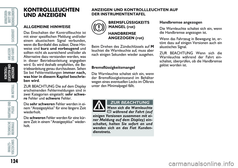 FIAT SCUDO 2012 Betriebsanleitung (in German) 124
IM NOTFALL
WARTUNG UND
PFLEGE
TECHNISCHE
MERKMALE
INHALTS-
VERZEICHNIS
ARMATUREN-
BRETT UND
BEDIENELEMENTE
SICHERHEIT
ANLASSEN
UND FAHRT
KONTROLL-
LEUCHTEN UND
ANZEIGEN
KONTROLLLEUCHTEN
UND ANZEIG FIAT SCUDO 2012 Betriebsanleitung (in German) 124
IM NOTFALL
WARTUNG UND
PFLEGE
TECHNISCHE
MERKMALE
INHALTS-
VERZEICHNIS
ARMATUREN-
BRETT UND
BEDIENELEMENTE
SICHERHEIT
ANLASSEN
UND FAHRT
KONTROLL-
LEUCHTEN UND
ANZEIGEN
KONTROLLLEUCHTEN
UND ANZEIG