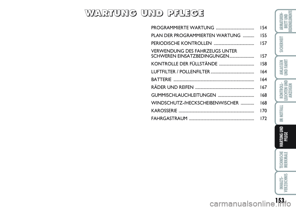 FIAT SCUDO 2012 Betriebsanleitung (in German) 153
KONTROLL-
LEUCHTEN UND
ANZEIGEN
TECHNISCHE
MERKMALE
INHALTS-
VERZEICHNIS
ARMATUREN-
BRETT UND
BEDIENELEMENTE
SICHERHEIT
ANLASSEN
UND FAHRT
IM NOTFALL
WARTUNG UND
PFLEGE
PROGRAMMIERTE WARTUNG ..... FIAT SCUDO 2012 Betriebsanleitung (in German) 153
KONTROLL-
LEUCHTEN UND
ANZEIGEN
TECHNISCHE
MERKMALE
INHALTS-
VERZEICHNIS
ARMATUREN-
BRETT UND
BEDIENELEMENTE
SICHERHEIT
ANLASSEN
UND FAHRT
IM NOTFALL
WARTUNG UND
PFLEGE
PROGRAMMIERTE WARTUNG .....