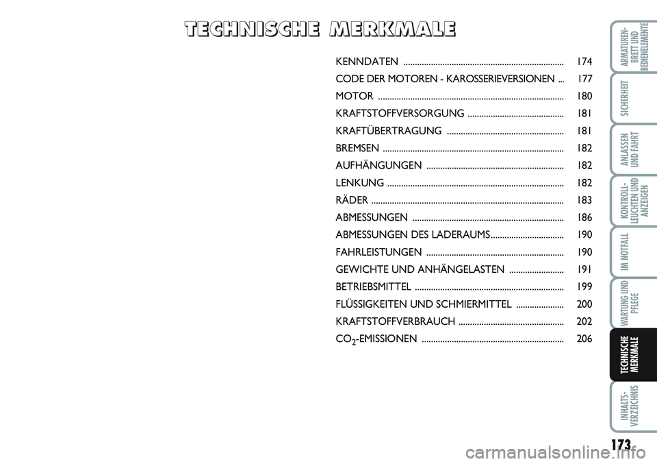 FIAT SCUDO 2012 Betriebsanleitung (in German) 173
KONTROLL-
LEUCHTEN UND
ANZEIGEN
INHALTS-
VERZEICHNIS
ARMATUREN-
BRETT UND
BEDIENELEMENTE
SICHERHEIT
ANLASSEN
UND FAHRT
IM NOTFALL
WARTUNG UND
PFLEGE
TECHNISCHE
MERKMALE
KENNDATEN ................. FIAT SCUDO 2012 Betriebsanleitung (in German) 173
KONTROLL-
LEUCHTEN UND
ANZEIGEN
INHALTS-
VERZEICHNIS
ARMATUREN-
BRETT UND
BEDIENELEMENTE
SICHERHEIT
ANLASSEN
UND FAHRT
IM NOTFALL
WARTUNG UND
PFLEGE
TECHNISCHE
MERKMALE
KENNDATEN .................