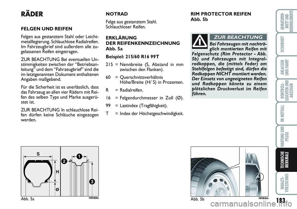 FIAT SCUDO 2012 Betriebsanleitung (in German) 183
KONTROLL-
LEUCHTEN UND
ANZEIGEN
INHALTS-
VERZEICHNIS
ARMATUREN-
BRETT UND
BEDIENELEMENTE
SICHERHEIT
ANLASSEN
UND FAHRT
IM NOTFALL
WARTUNG UND
PFLEGE
TECHNISCHE
MERKMALE
RIM PROTECTOR REIFEN
Abb. FIAT SCUDO 2012 Betriebsanleitung (in German) 183
KONTROLL-
LEUCHTEN UND
ANZEIGEN
INHALTS-
VERZEICHNIS
ARMATUREN-
BRETT UND
BEDIENELEMENTE
SICHERHEIT
ANLASSEN
UND FAHRT
IM NOTFALL
WARTUNG UND
PFLEGE
TECHNISCHE
MERKMALE
RIM PROTECTOR REIFEN
Abb.