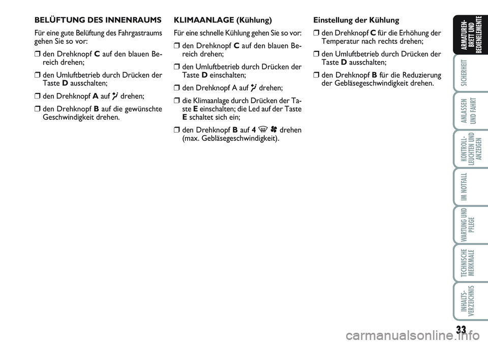 FIAT SCUDO 2012 Betriebsanleitung (in German) 33
SICHERHEIT
ANLASSEN
UND FAHRT
KONTROLL-
LEUCHTEN UND
ANZEIGEN
IM NOTFALL
WARTUNG UND
PFLEGE
TECHNISCHE
MERKMALE
INHALTS-
VERZEICHNIS
ARMATUREN-
BRETT UND
BEDIENELEMENTE
BELÜFTUNG DES INNENRAUMS
F FIAT SCUDO 2012 Betriebsanleitung (in German) 33
SICHERHEIT
ANLASSEN
UND FAHRT
KONTROLL-
LEUCHTEN UND
ANZEIGEN
IM NOTFALL
WARTUNG UND
PFLEGE
TECHNISCHE
MERKMALE
INHALTS-
VERZEICHNIS
ARMATUREN-
BRETT UND
BEDIENELEMENTE
BELÜFTUNG DES INNENRAUMS
F