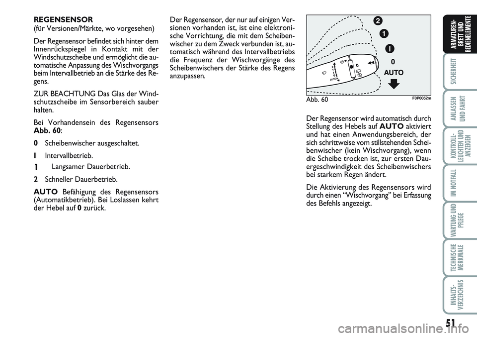FIAT SCUDO 2012 Betriebsanleitung (in German) 51
SICHERHEIT
ANLASSEN
UND FAHRT
KONTROLL-
LEUCHTEN UND
ANZEIGEN
IM NOTFALL
WARTUNG UND
PFLEGE
TECHNISCHE
MERKMALE
INHALTS-
VERZEICHNIS
ARMATUREN-
BRETT UND
BEDIENELEMENTE
Der Regensensor, der nur auf FIAT SCUDO 2012 Betriebsanleitung (in German) 51
SICHERHEIT
ANLASSEN
UND FAHRT
KONTROLL-
LEUCHTEN UND
ANZEIGEN
IM NOTFALL
WARTUNG UND
PFLEGE
TECHNISCHE
MERKMALE
INHALTS-
VERZEICHNIS
ARMATUREN-
BRETT UND
BEDIENELEMENTE
Der Regensensor, der nur auf