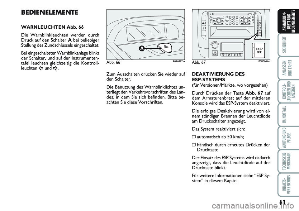 FIAT SCUDO 2012 Betriebsanleitung (in German) 61
SICHERHEIT
ANLASSEN
UND FAHRT
KONTROLL-
LEUCHTEN UND
ANZEIGEN
IM NOTFALL
WARTUNG UND
PFLEGE
TECHNISCHE
MERKMALE
INHALTS-
VERZEICHNIS
ARMATUREN-
BRETT UND
BEDIENELEMENTE
Zum Ausschalten drücken Sie FIAT SCUDO 2012 Betriebsanleitung (in German) 61
SICHERHEIT
ANLASSEN
UND FAHRT
KONTROLL-
LEUCHTEN UND
ANZEIGEN
IM NOTFALL
WARTUNG UND
PFLEGE
TECHNISCHE
MERKMALE
INHALTS-
VERZEICHNIS
ARMATUREN-
BRETT UND
BEDIENELEMENTE
Zum Ausschalten drücken Sie
