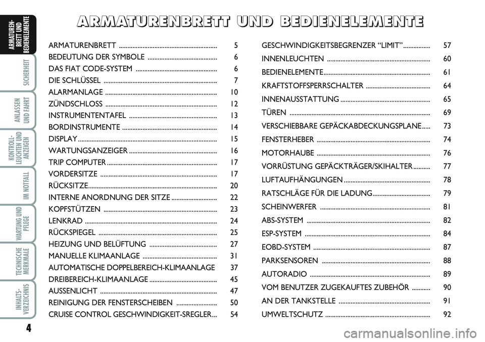 FIAT SCUDO 2012 Betriebsanleitung (in German) 4
SICHERHEIT
ANLASSEN
UND FAHRT
KONTROLL-
LEUCHTEN UND
ANZEIGEN
IM NOTFALL
WARTUNG UND
PFLEGE
TECHNISCHE
MERKMALE
INHALTS-
VERZEICHNIS
ARMATUREN-
BRETT UND
BEDIENELEMENT
E
ARMATURENBRETT ............. FIAT SCUDO 2012 Betriebsanleitung (in German) 4
SICHERHEIT
ANLASSEN
UND FAHRT
KONTROLL-
LEUCHTEN UND
ANZEIGEN
IM NOTFALL
WARTUNG UND
PFLEGE
TECHNISCHE
MERKMALE
INHALTS-
VERZEICHNIS
ARMATUREN-
BRETT UND
BEDIENELEMENT
E
ARMATURENBRETT .............
