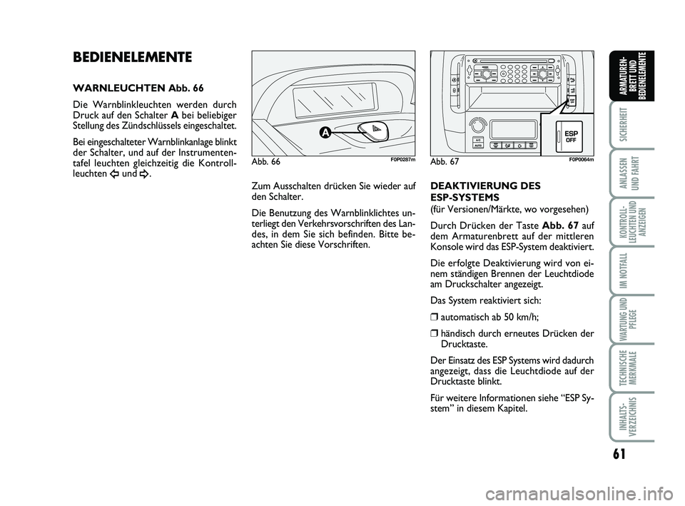 FIAT SCUDO 2013 Betriebsanleitung (in German) 61
SICHERHEIT
ANLASSEN
UND FAHRT
KONTROLL-
LEUCHTEN UND
ANZEIGEN
IM NOTFALL
WARTUNG UND
PFLEGE
TECHNISCHE
MERKMALE
INHALTS-
VERZEICHNIS
ARMATUREN-
BRETT UND
BEDIENELEMENTE
Zum Ausschalten drücken Si FIAT SCUDO 2013 Betriebsanleitung (in German) 61
SICHERHEIT
ANLASSEN
UND FAHRT
KONTROLL-
LEUCHTEN UND
ANZEIGEN
IM NOTFALL
WARTUNG UND
PFLEGE
TECHNISCHE
MERKMALE
INHALTS-
VERZEICHNIS
ARMATUREN-
BRETT UND
BEDIENELEMENTE
Zum Ausschalten drücken Si