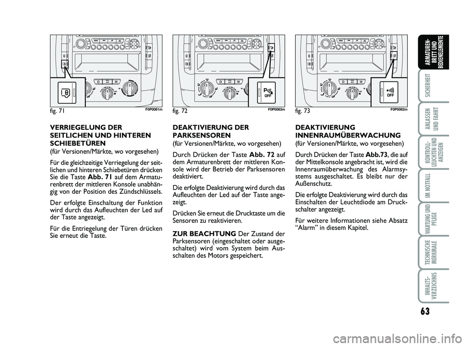 FIAT SCUDO 2013 Betriebsanleitung (in German) 63
SICHERHEIT
ANLASSEN
UND FAHRT
KONTROLL-
LEUCHTEN UND
ANZEIGEN
IM NOTFALL
WARTUNG UND
PFLEGE
TECHNISCHE
MERKMALE
INHALTS-
VERZEICHNIS
ARMATUREN-
BRETT UND
BEDIENELEMENTE
fig. 72F0P0063mfig. 73F0P00 FIAT SCUDO 2013 Betriebsanleitung (in German) 63
SICHERHEIT
ANLASSEN
UND FAHRT
KONTROLL-
LEUCHTEN UND
ANZEIGEN
IM NOTFALL
WARTUNG UND
PFLEGE
TECHNISCHE
MERKMALE
INHALTS-
VERZEICHNIS
ARMATUREN-
BRETT UND
BEDIENELEMENTE
fig. 72F0P0063mfig. 73F0P00