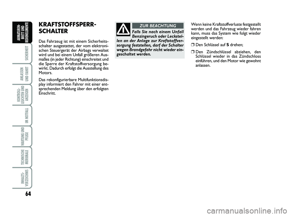 FIAT SCUDO 2013 Betriebsanleitung (in German) 64
SICHERHEIT
ANLASSEN
UND FAHRT
KONTROLL-
LEUCHTEN UND
ANZEIGEN
IM NOTFALL
WARTUNG UND
PFLEGE
TECHNISCHE
MERKMALE
INHALTS-
VERZEICHNIS
ARMATUREN-
BRETT UND
BEDIENELEMENT
EKRAFTSTOFFSPERR-
SCHALTER
FIAT SCUDO 2013 Betriebsanleitung (in German) 64
SICHERHEIT
ANLASSEN
UND FAHRT
KONTROLL-
LEUCHTEN UND
ANZEIGEN
IM NOTFALL
WARTUNG UND
PFLEGE
TECHNISCHE
MERKMALE
INHALTS-
VERZEICHNIS
ARMATUREN-
BRETT UND
BEDIENELEMENT
EKRAFTSTOFFSPERR-
SCHALTER
