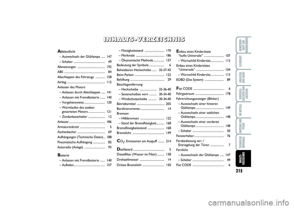 FIAT SCUDO 2016  Betriebsanleitung (in German) 215
KONTROLL-
LEUCHTEN UND
ANZEIGENARMATUREN-
BRETT UND
BEDIENELEMENTESICHERHEITANLASSEN
UND FAHRTIM NOTFALLWARTUNG UND
PFLEGETECHNISCHE
MERKMALEINHALTS-
VERZEICHNIS
– Flüssigkeitsstand ...........