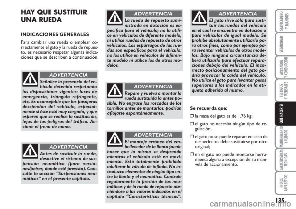 FIAT SCUDO 2011  Manual de Empleo y Cuidado (in Spanish) 135
SEGURIDAD
ARRANQUE
Y CONDUCCIÓN
TESTIGOS
Y MENSAJES
MANTENIMIENTO
Y CUIDADO
CARACTERÍSTICASTÉCNICAS
ÍNDICE
ALFABÉTICO
SALPICADERO
Y MANDOS
QUÉ HACER SI
HAY QUE SUSTITUIR
UNA RUEDA 
INDICACIO