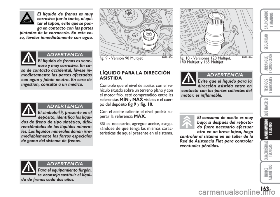 FIAT SCUDO 2011  Manual de Empleo y Cuidado (in Spanish) 163
SEGURIDAD
ARRANQUE
Y CONDUCCIÓN
TESTIGOS
Y MENSAJES
CARACTERÍSTICASTÉCNICAS
ÍNDICE
ALFABÉTICO
SALPICADERO
Y MANDOS
QUÉ HACER SI
MANTENIMIENTO
Y CUIDADO
El líquido de frenos es muy
corrosivo