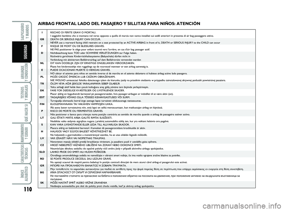 FIAT SCUDO 2013 Manual de Empleo y Cuidado (in Spanish) 110
ARRANQUE
Y CONDUCCIÓN
TESTIGOS
Y MENSAJES
QUÉ HACER SI
MANTENIMIENTO
Y CUIDADO
CARACTERÍSTICASTÉCNICAS
ÍNDICE
ALFABÉTICO
SALPICADERO
Y MANDOS
SEGURIDAD
AIRBAG FRONTAL LADO DEL PASAJERO Y FIAT SCUDO 2013 Manual de Empleo y Cuidado (in Spanish) 110
ARRANQUE
Y CONDUCCIÓN
TESTIGOS
Y MENSAJES
QUÉ HACER SI
MANTENIMIENTO
Y CUIDADO
CARACTERÍSTICASTÉCNICAS
ÍNDICE
ALFABÉTICO
SALPICADERO
Y MANDOS
SEGURIDAD
AIRBAG FRONTAL LADO DEL PASAJERO Y