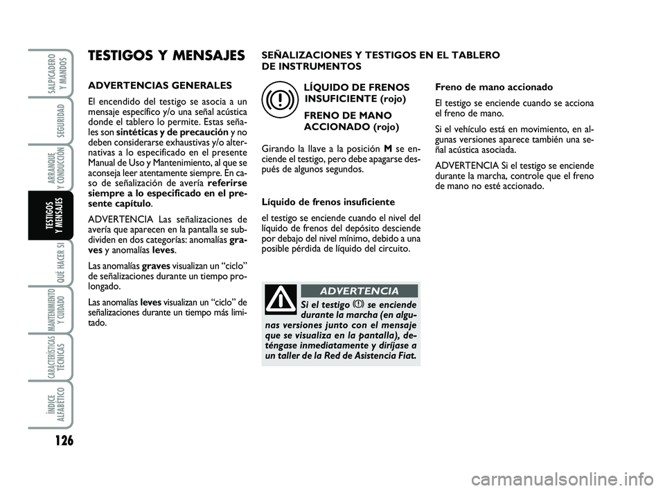 FIAT SCUDO 2013 Manual de Empleo y Cuidado (in Spanish) 126
SEGURIDAD
ARRANQUE
Y CONDUCCIÓN
QUÉ HACER SI
MANTENIMIENTO
Y CUIDADO
CARACTERÍSTICASTÉCNICAS
ÍNDICE
ALFABÉTICO
SALPICADERO
Y MANDOS
TESTIGOS
Y MENSAJES
TESTIGOS Y MENSAJES
ADVERTENCIAS G FIAT SCUDO 2013 Manual de Empleo y Cuidado (in Spanish) 126
SEGURIDAD
ARRANQUE
Y CONDUCCIÓN
QUÉ HACER SI
MANTENIMIENTO
Y CUIDADO
CARACTERÍSTICASTÉCNICAS
ÍNDICE
ALFABÉTICO
SALPICADERO
Y MANDOS
TESTIGOS
Y MENSAJES
TESTIGOS Y MENSAJES
ADVERTENCIAS G