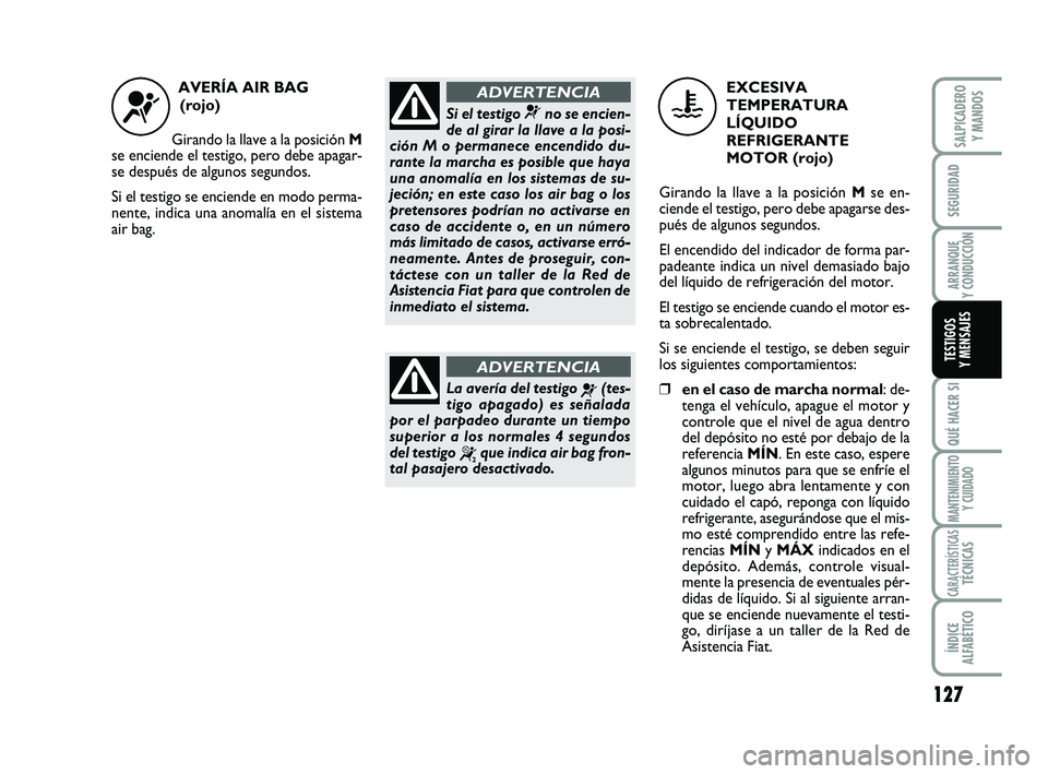 FIAT SCUDO 2013 Manual de Empleo y Cuidado (in Spanish) 127
SEGURIDAD
ARRANQUE
Y CONDUCCIÓN
QUÉ HACER SI
MANTENIMIENTO
Y CUIDADO
CARACTERÍSTICASTÉCNICAS
ÍNDICE
ALFABÉTICO
SALPICADERO
Y MANDOS
TESTIGOS
Y MENSAJES
AVERÍA AIR BAG
(rojo)
Girando la FIAT SCUDO 2013 Manual de Empleo y Cuidado (in Spanish) 127
SEGURIDAD
ARRANQUE
Y CONDUCCIÓN
QUÉ HACER SI
MANTENIMIENTO
Y CUIDADO
CARACTERÍSTICASTÉCNICAS
ÍNDICE
ALFABÉTICO
SALPICADERO
Y MANDOS
TESTIGOS
Y MENSAJES
AVERÍA AIR BAG
(rojo)
Girando la